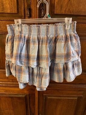 AERIE  Rock and Ruffle Light  Blue Smocked Waist Tiered Mini Skirt